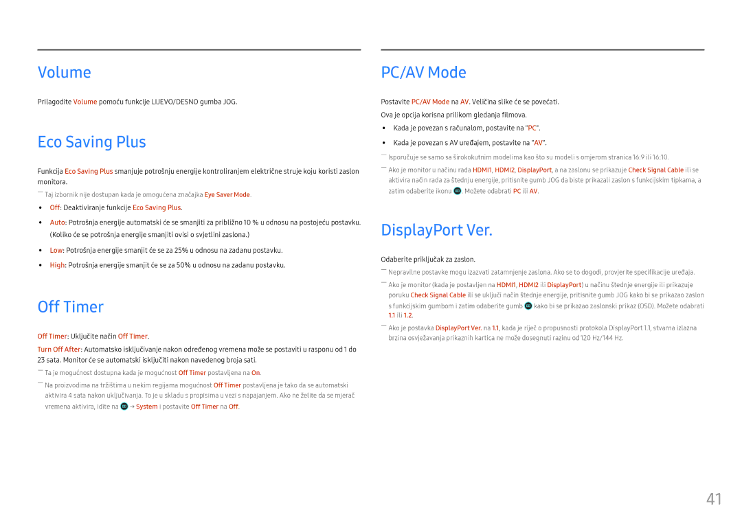 Samsung LC27FG73FQUXEN, LC24FG73FQUXEN manual Volume, Eco Saving Plus, Off Timer, PC/AV Mode, DisplayPort Ver 