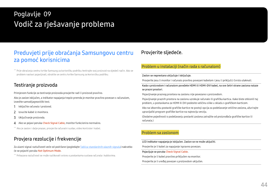 Samsung LC24FG73FQUXEN manual Vodič za rješavanje problema, Testiranje proizvoda, Provjera rezolucije i frekvencije 