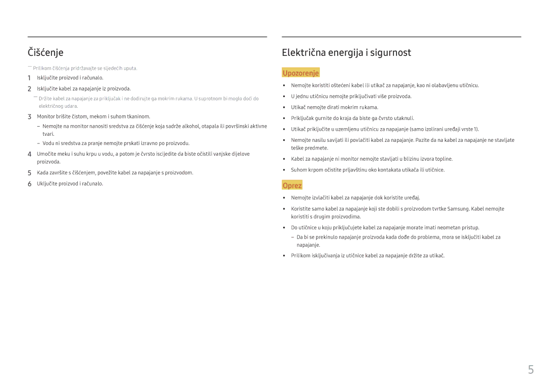 Samsung LC27FG73FQUXEN, LC24FG73FQUXEN manual Čišćenje, Električna energija i sigurnost 