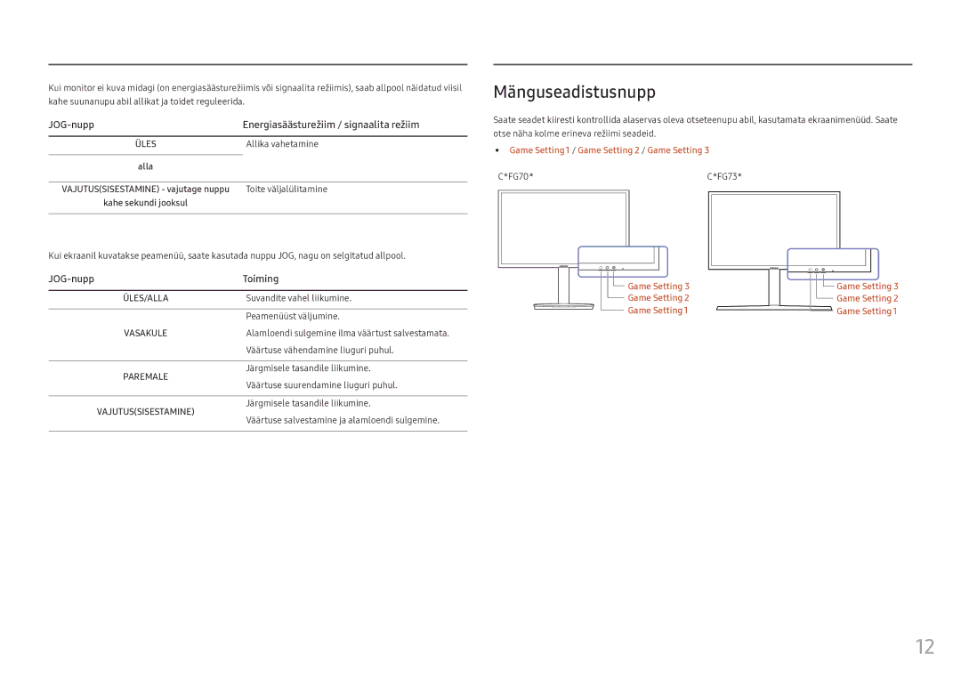 Samsung LC24FG73FQUXEN manual Mänguseadistusnupp, Allika vahetamine, Alla, Toite väljalülitamine 