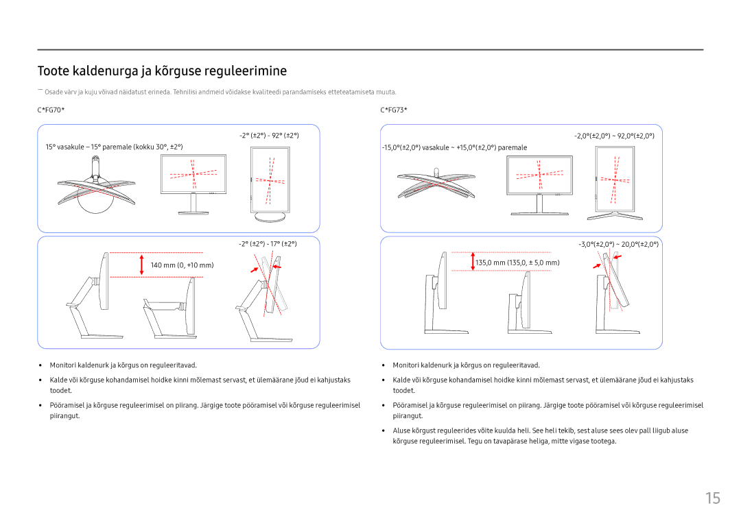 Samsung LC24FG73FQUXEN manual Toote kaldenurga ja kõrguse reguleerimine 