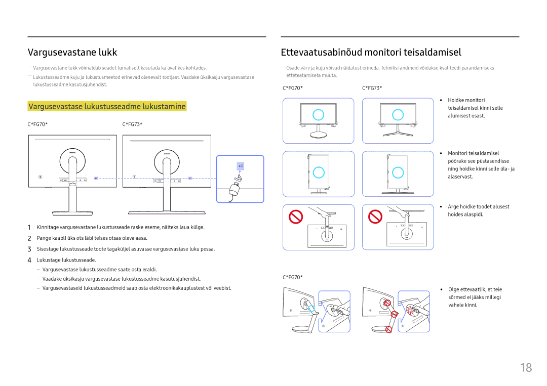 Samsung LC24FG73FQUXEN manual Vargusevastane lukk, Ettevaatusabinõud monitori teisaldamisel 