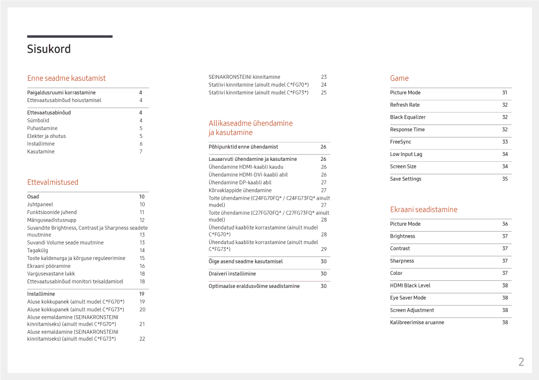 Samsung LC24FG73FQUXEN manual Sisukord 