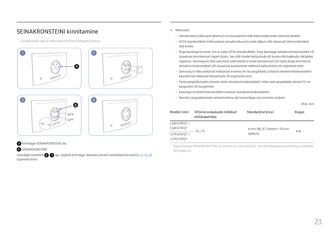 Samsung LC24FG73FQUXEN manual Seinakronsteini kinnitamine, Joondage monitoril B 