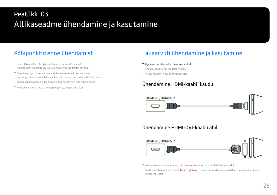 Samsung LC24FG73FQUXEN Allikaseadme ühendamine ja kasutamine, Põhipunktid enne ühendamist, Ühendamine HDMI-kaabli kaudu 