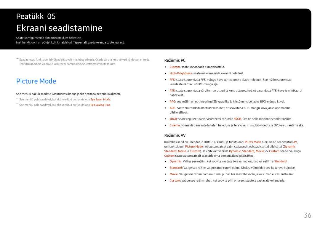 Samsung LC24FG73FQUXEN manual Ekraani seadistamine, Picture Mode 