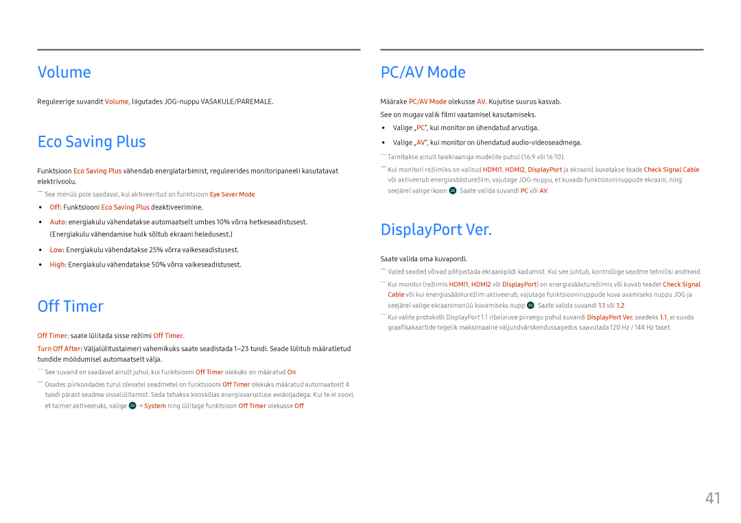 Samsung LC24FG73FQUXEN manual Volume, Eco Saving Plus, Off Timer, PC/AV Mode, DisplayPort Ver 