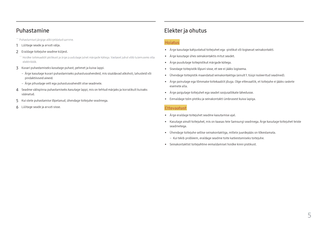 Samsung LC24FG73FQUXEN manual Puhastamine, Elekter ja ohutus 