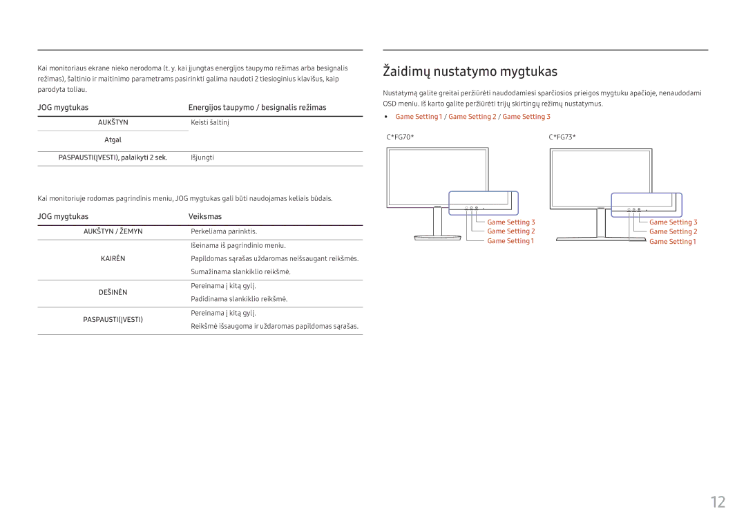 Samsung LC24FG73FQUXEN manual Žaidimų nustatymo mygtukas, Keisti šaltinį, Išjungti 