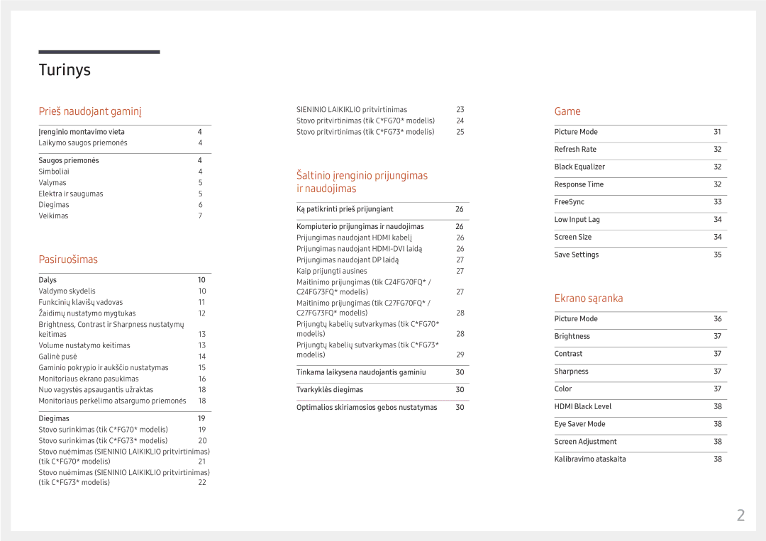 Samsung LC24FG73FQUXEN manual Turinys 
