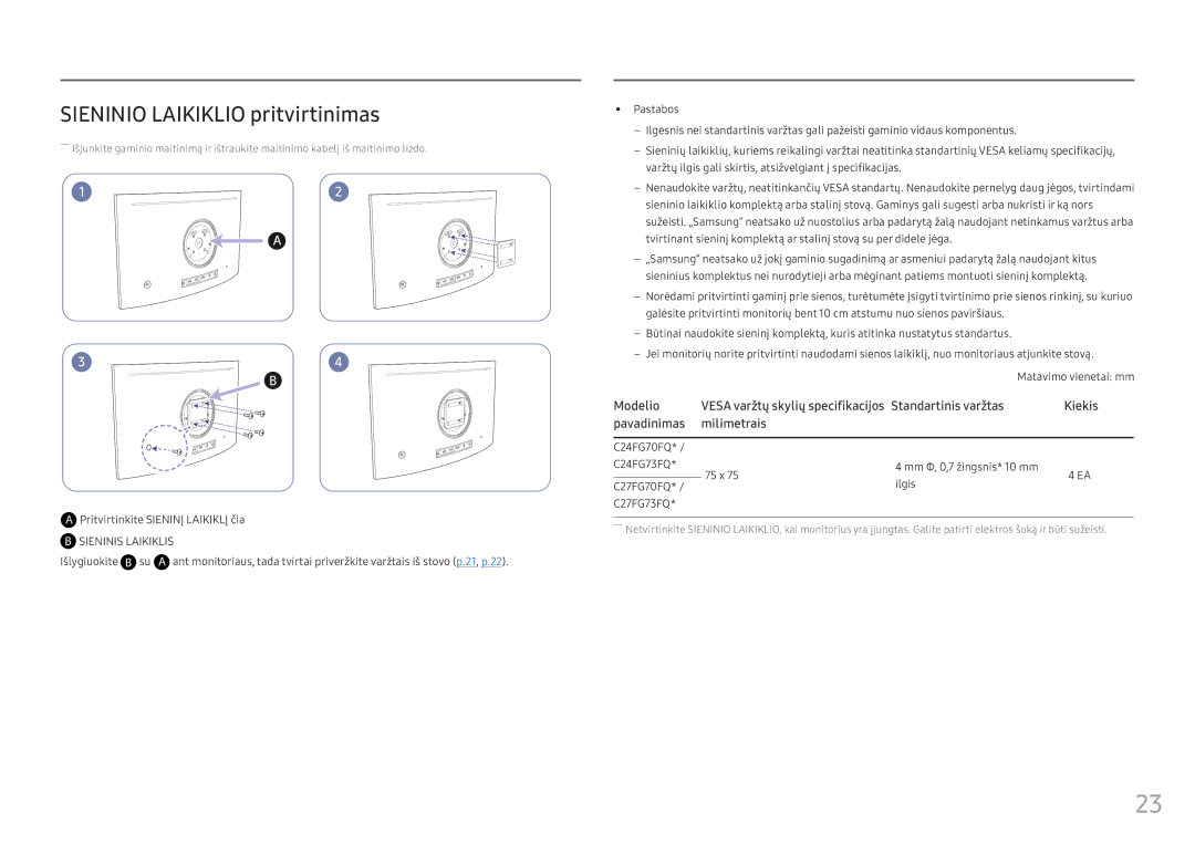 Samsung LC24FG73FQUXEN manual Sieninio Laikiklio pritvirtinimas, Pritvirtinkite Sieninį Laikiklį čia, Išlygiuokite B su 