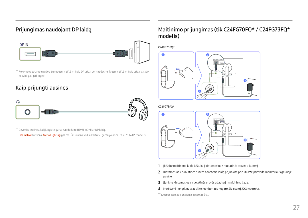 Samsung LC24FG73FQUXEN manual Prijungimas naudojant DP laidą, Kaip prijungti ausines, C24FG70FQ 