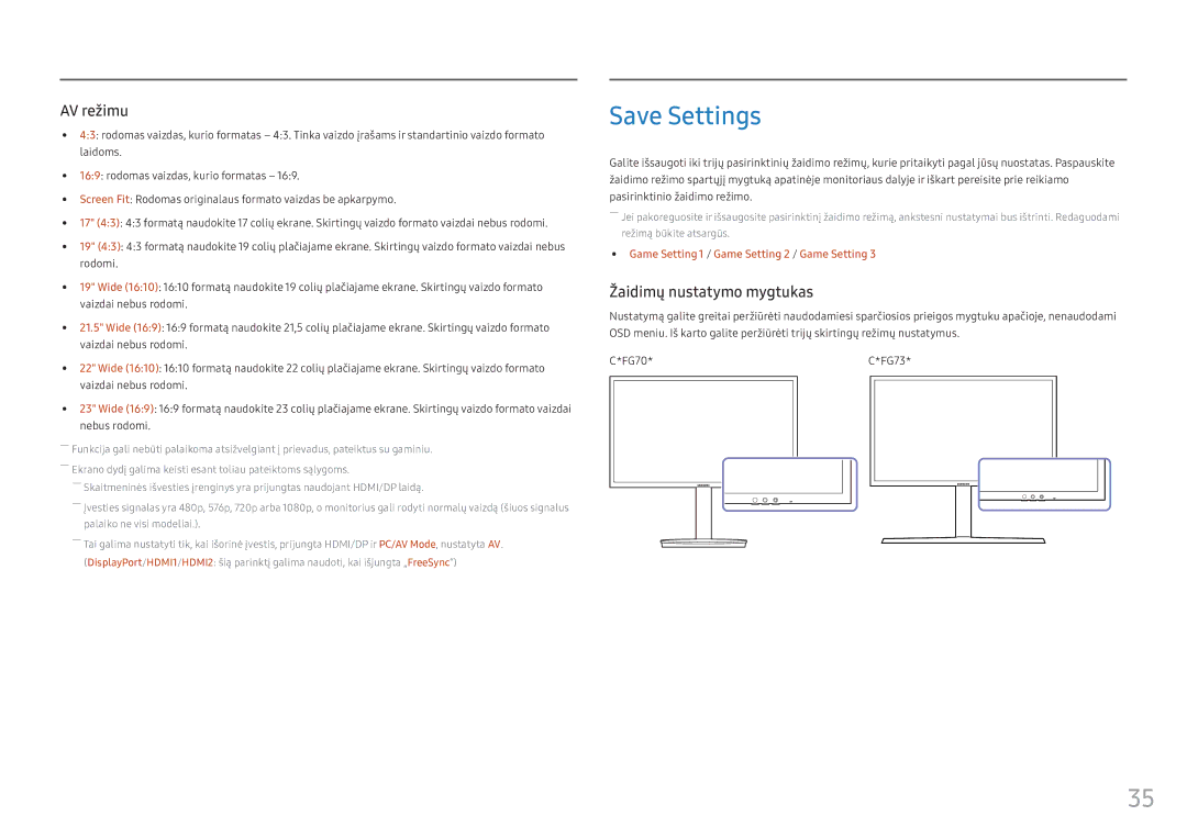 Samsung LC24FG73FQUXEN manual Save Settings, Žaidimų nustatymo mygtukas 