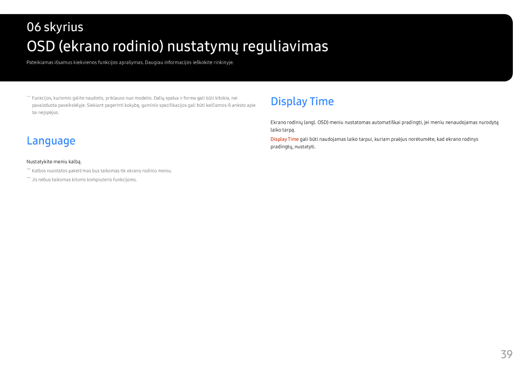 Samsung LC24FG73FQUXEN manual OSD ekrano rodinio nustatymų reguliavimas, Language, Nustatykite meniu kalbą 