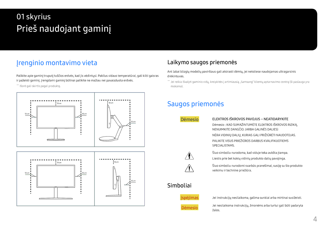 Samsung LC24FG73FQUXEN manual Prieš naudojant gaminį, Įrenginio montavimo vieta, Saugos priemonės, Laikymo saugos priemonės 