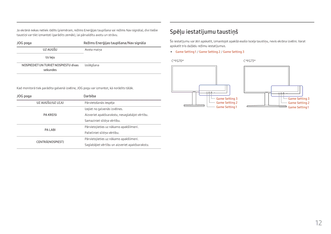 Samsung LC24FG73FQUXEN manual Spēļu iestatījumu taustiņš, Avota maiņa, Izslēgšana 