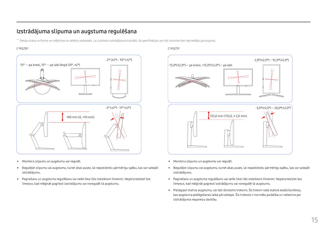 Samsung LC24FG73FQUXEN manual Izstrādājuma slīpuma un augstuma regulēšana 