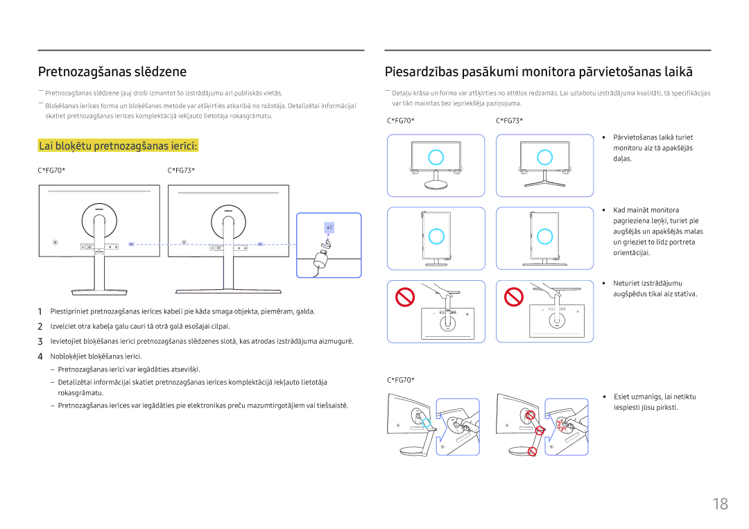 Samsung LC24FG73FQUXEN manual Pretnozagšanas slēdzene, Piesardzības pasākumi monitora pārvietošanas laikā 