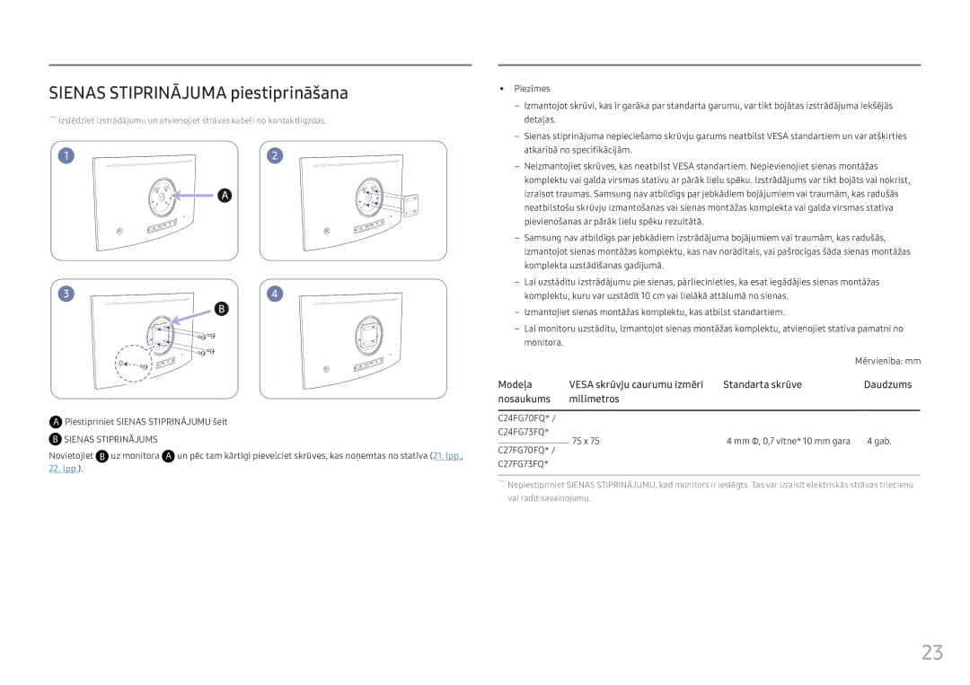 Samsung LC24FG73FQUXEN manual Sienas Stiprinājuma piestiprināšana, Piestipriniet Sienas Stiprinājumu šeit 