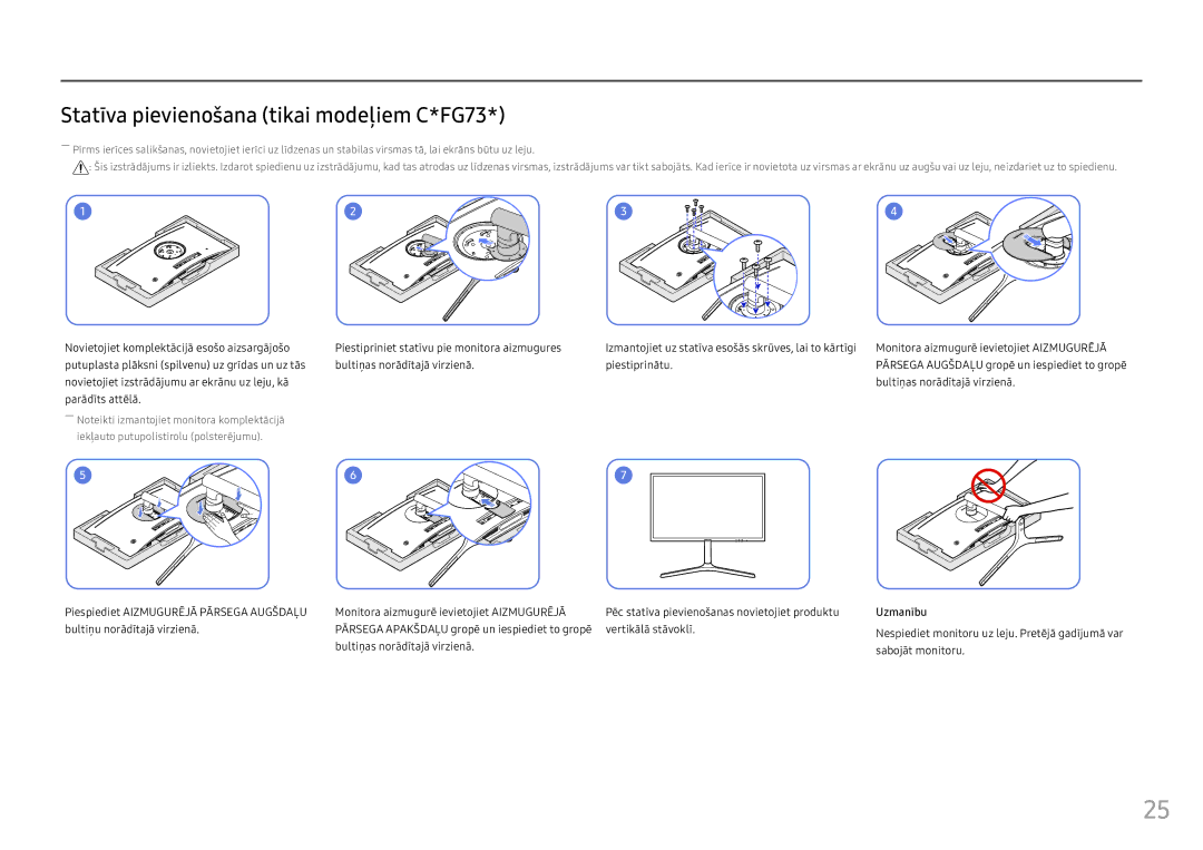 Samsung LC24FG73FQUXEN manual Statīva pievienošana tikai modeļiem C*FG73 