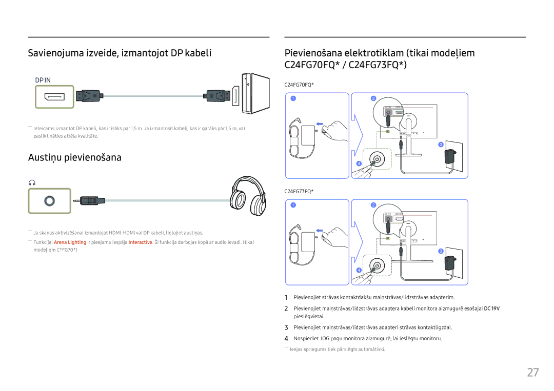 Samsung LC24FG73FQUXEN manual Savienojuma izveide, izmantojot DP kabeli, Austiņu pievienošana, C24FG70FQ 