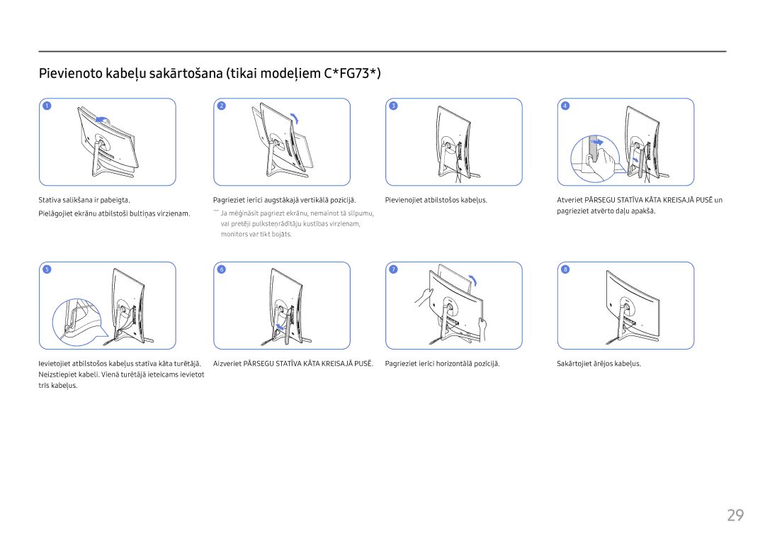 Samsung LC24FG73FQUXEN manual Pievienoto kabeļu sakārtošana tikai modeļiem C*FG73, Pagrieziet ierīci horizontālā pozīcijā 