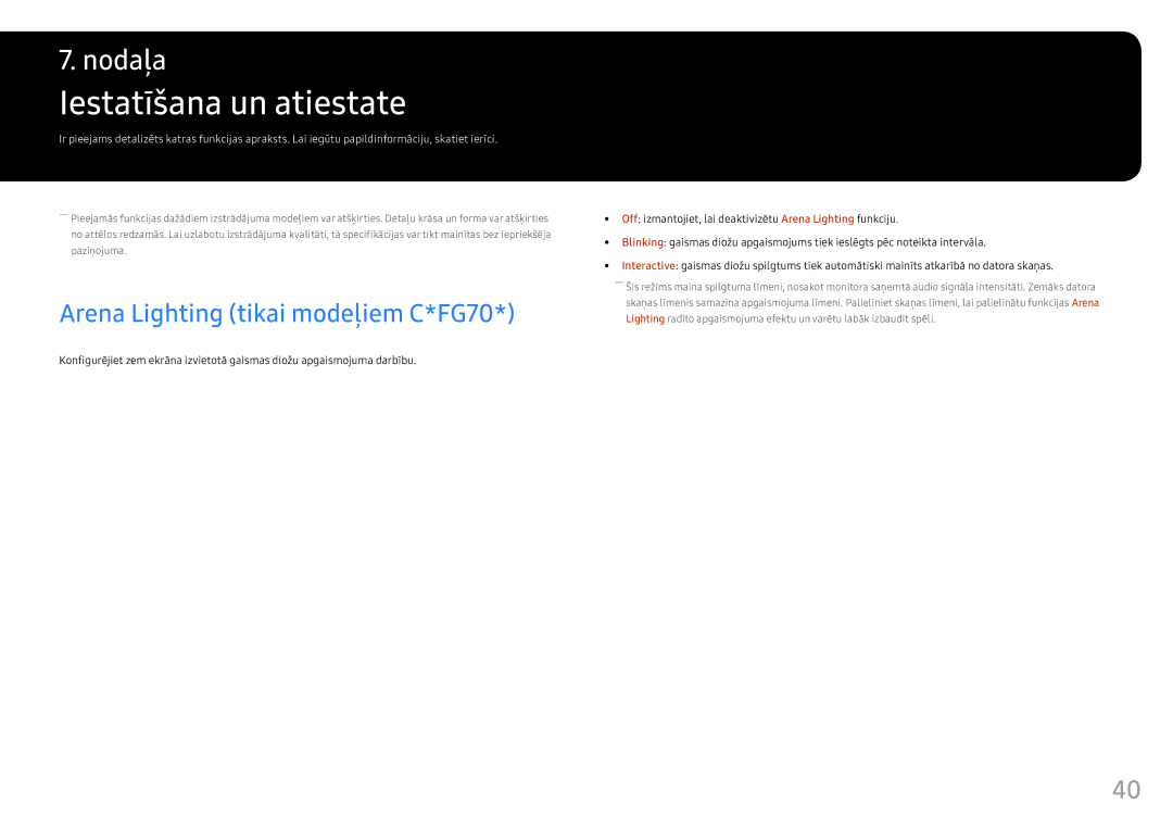 Samsung LC24FG73FQUXEN manual Iestatīšana un atiestate, Arena Lighting tikai modeļiem C*FG70 