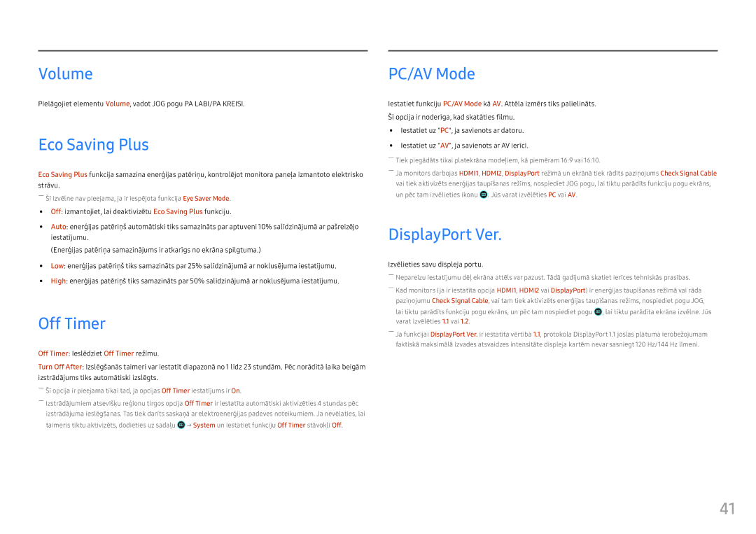 Samsung LC24FG73FQUXEN manual Volume, Eco Saving Plus, Off Timer, PC/AV Mode, DisplayPort Ver 