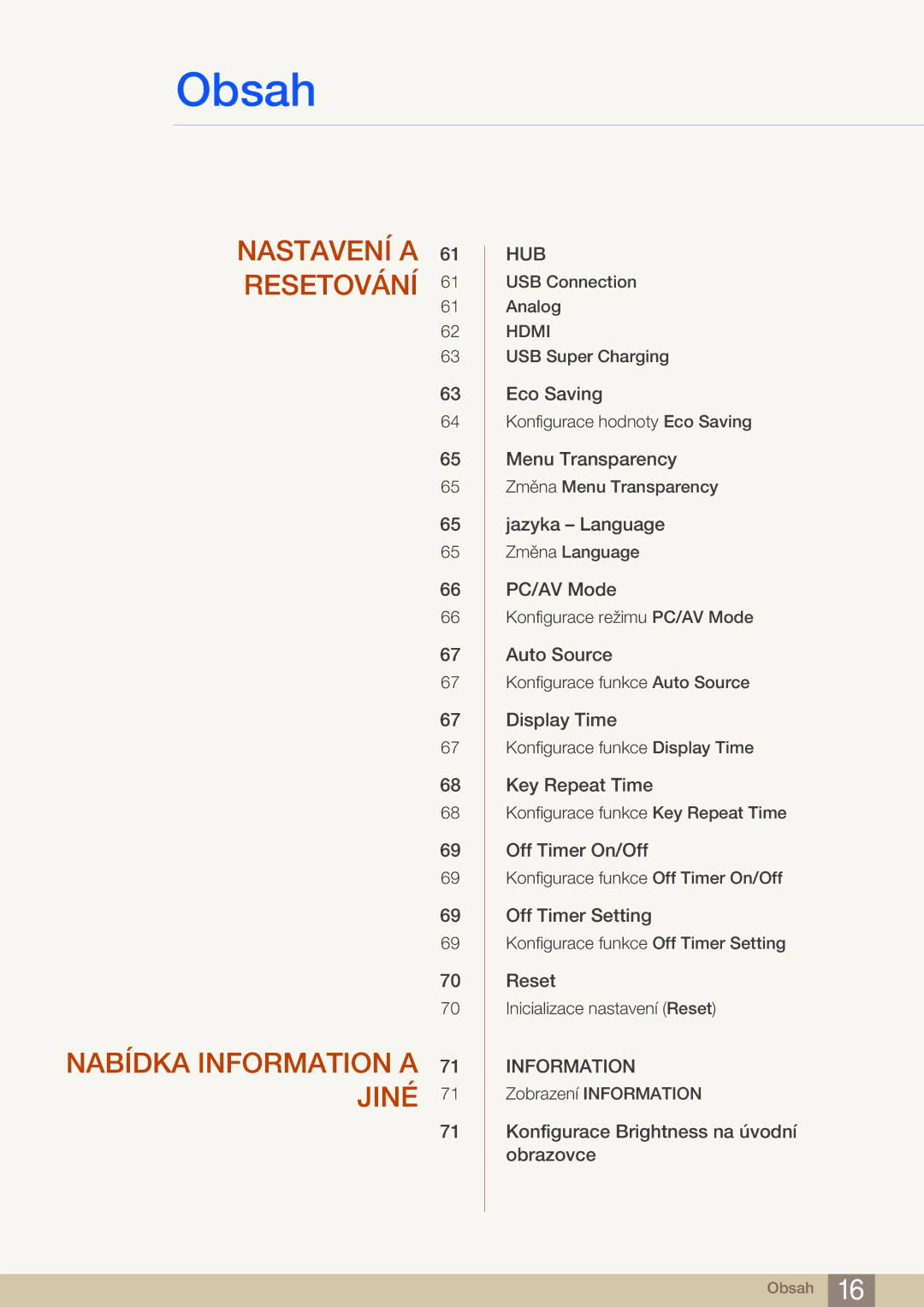 Samsung LC27A550US/EN, LC23A550US/EN manual Nastavení a Resetování Nabídka Information a 71 Jiné 