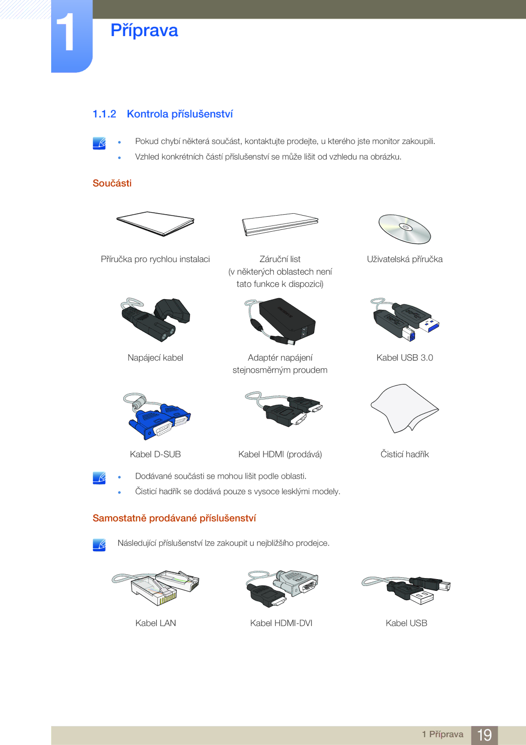 Samsung LC23A550US/EN, LC27A550US/EN manual Kontrola příslušenství, Součásti, Samostatně prodávané příslušenství 