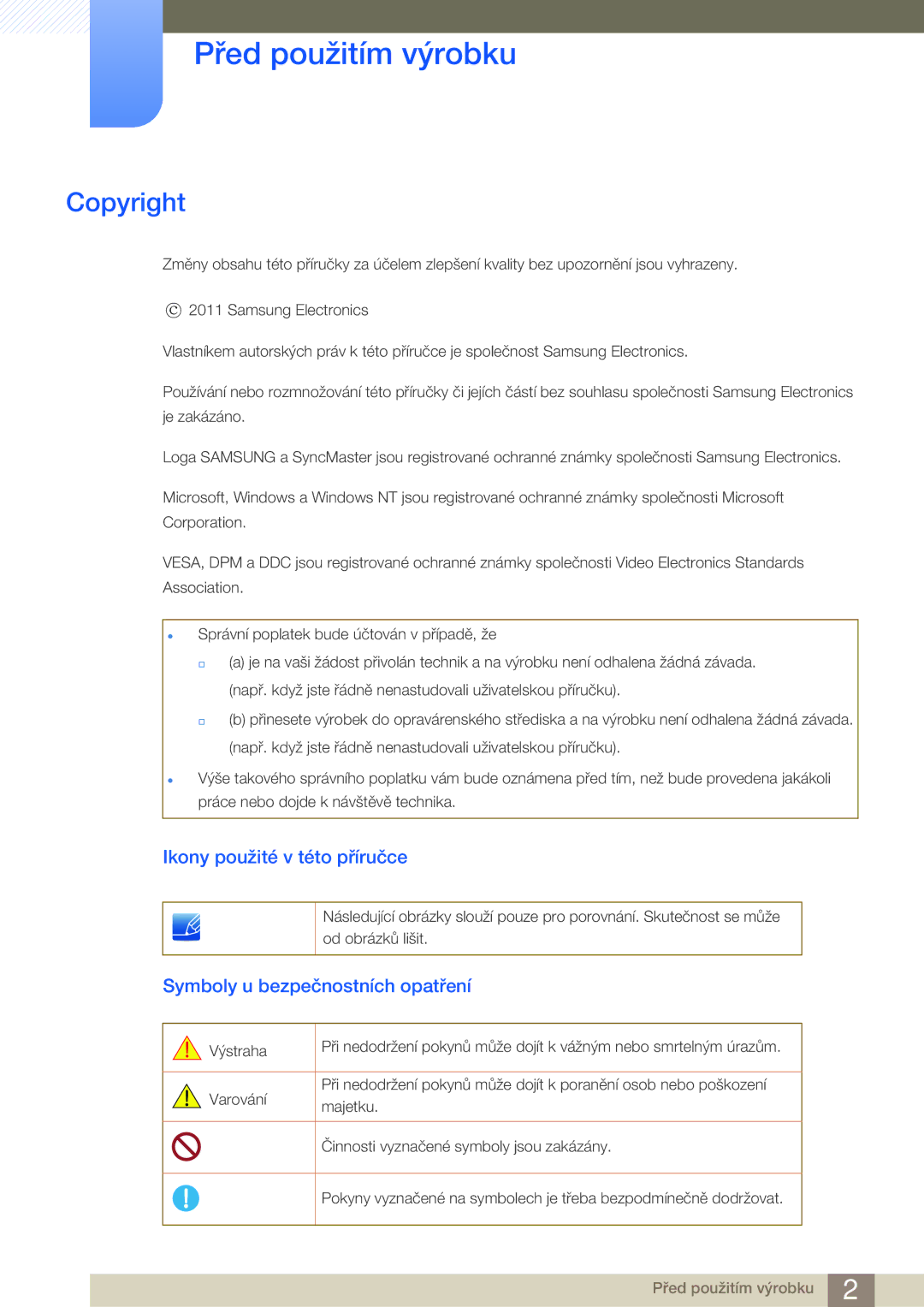 Samsung LC27A550US/EN Před použitím výrobku, Copyright, Ikony použité v této příručce, Symboly u bezpečnostních opatření 