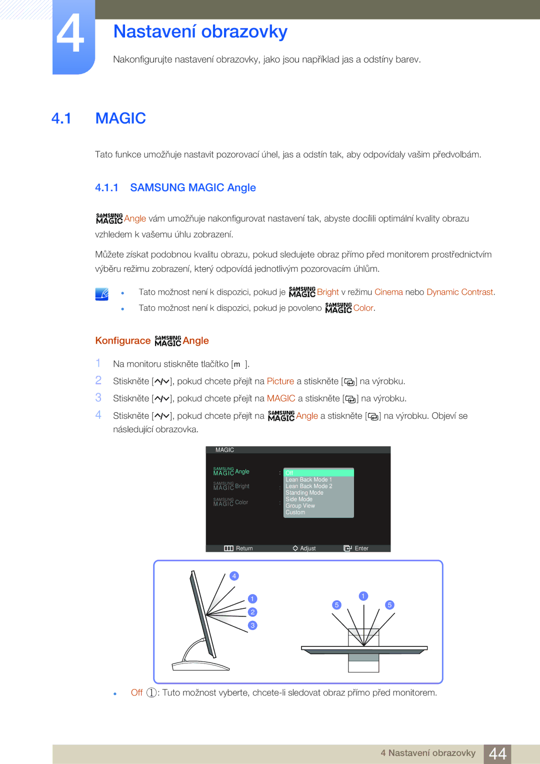 Samsung LC27A550US/EN, LC23A550US/EN manual Nastavení obrazovky, Samsung Magic Angle, Konfigurace Angle 