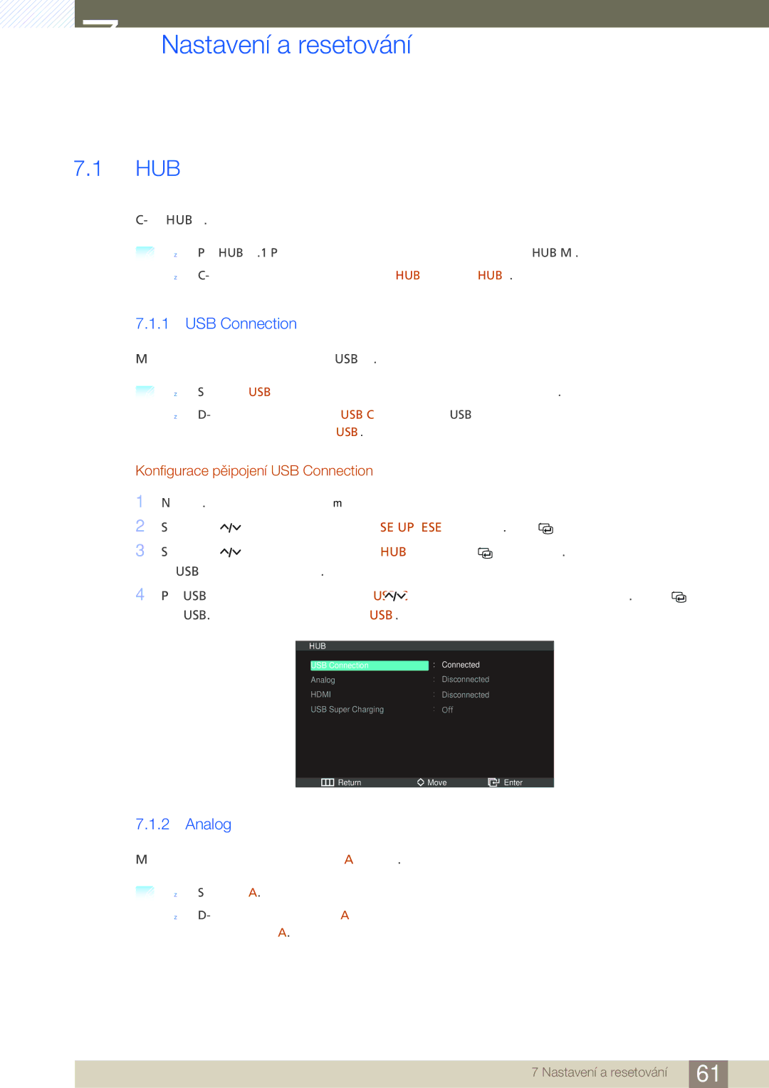 Samsung LC23A550US/EN, LC27A550US/EN manual Nastavení a resetování, Hub, Analog, Konfigurace připojení USB Connection 