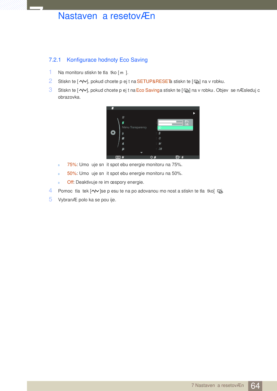 Samsung LC27A550US/EN, LC23A550US/EN manual Konfigurace hodnoty Eco Saving, Setup&Reset 