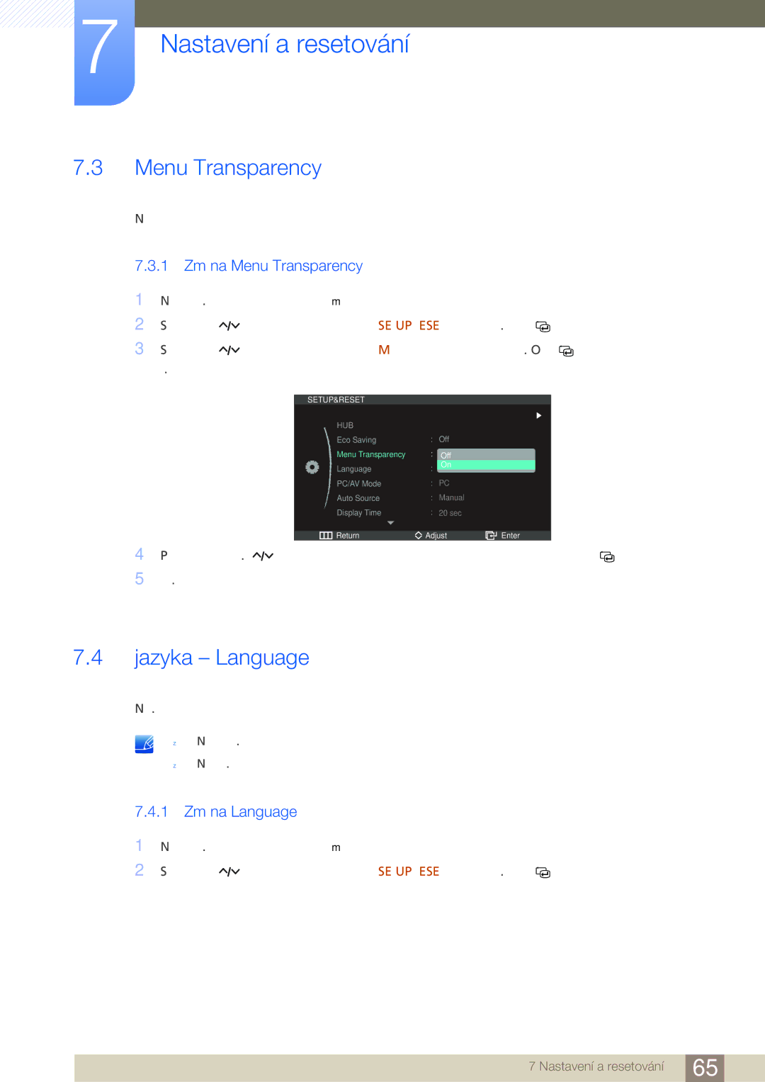 Samsung LC23A550US/EN, LC27A550US/EN manual Jazyka Language, 1 Změna Menu Transparency, 1 Změna Language 