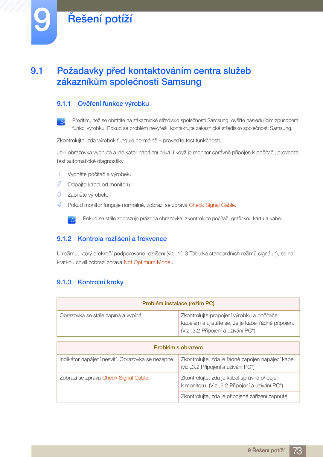 Samsung LC23A550US/EN manual Řešení potíží, 1 Ověření funkce výrobku, Kontrola rozlišení a frekvence, Kontrolní kroky 