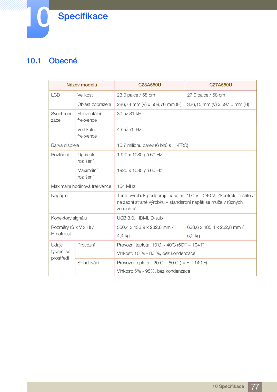 Samsung LC23A550US/EN, LC27A550US/EN manual Specifikace, Obecné 