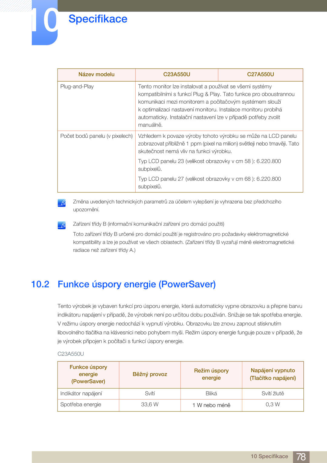 Samsung LC27A550US/EN, LC23A550US/EN manual Funkce úspory energie PowerSaver 