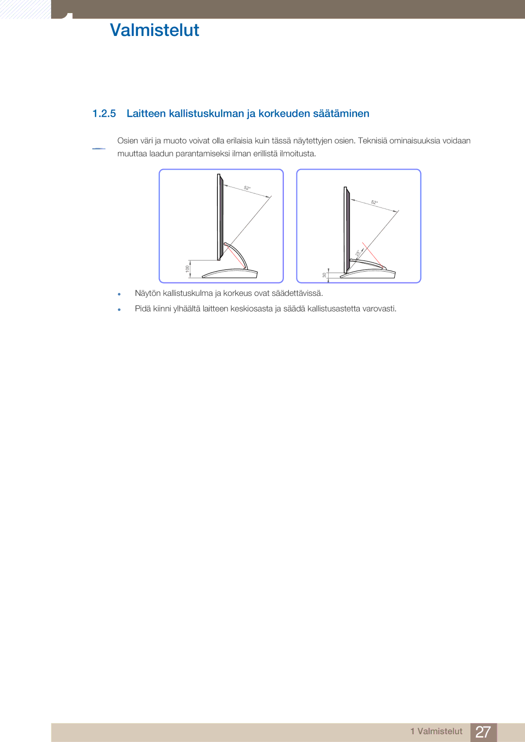 Samsung LC23A550US/EN, LC27A550US/EN manual Laitteen kallistuskulman ja korkeuden säätäminen 