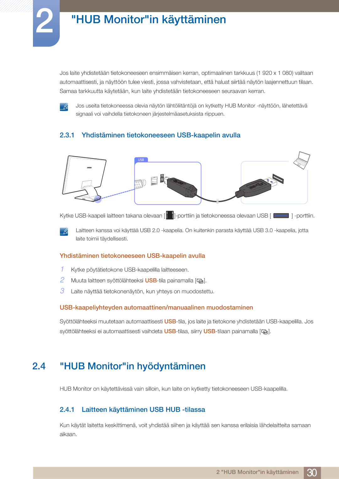 Samsung LC27A550US/EN, LC23A550US/EN manual HUB Monitorin hyödyntäminen, Yhdistäminen tietokoneeseen USB-kaapelin avulla 