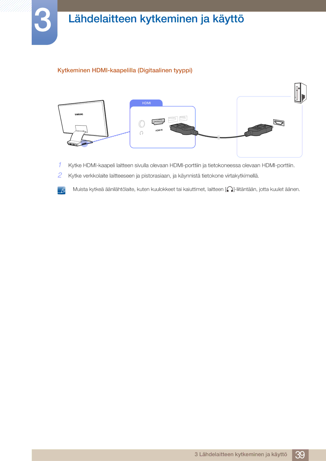 Samsung LC23A550US/EN, LC27A550US/EN manual Kytkeminen HDMI-kaapelilla Digitaalinen tyyppi 