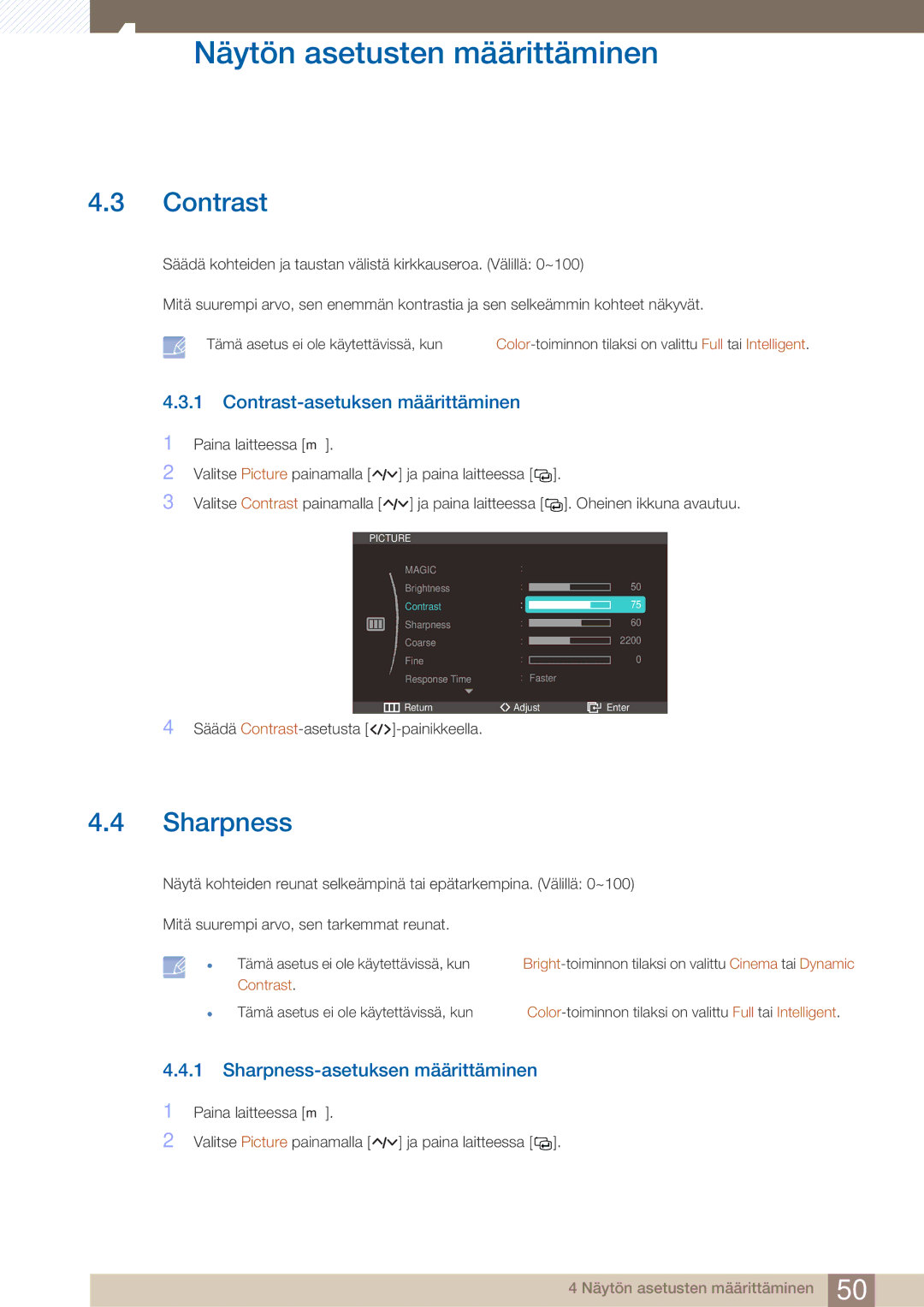 Samsung LC27A550US/EN, LC23A550US/EN manual Contrast-asetuksen määrittäminen, Sharpness-asetuksen määrittäminen 