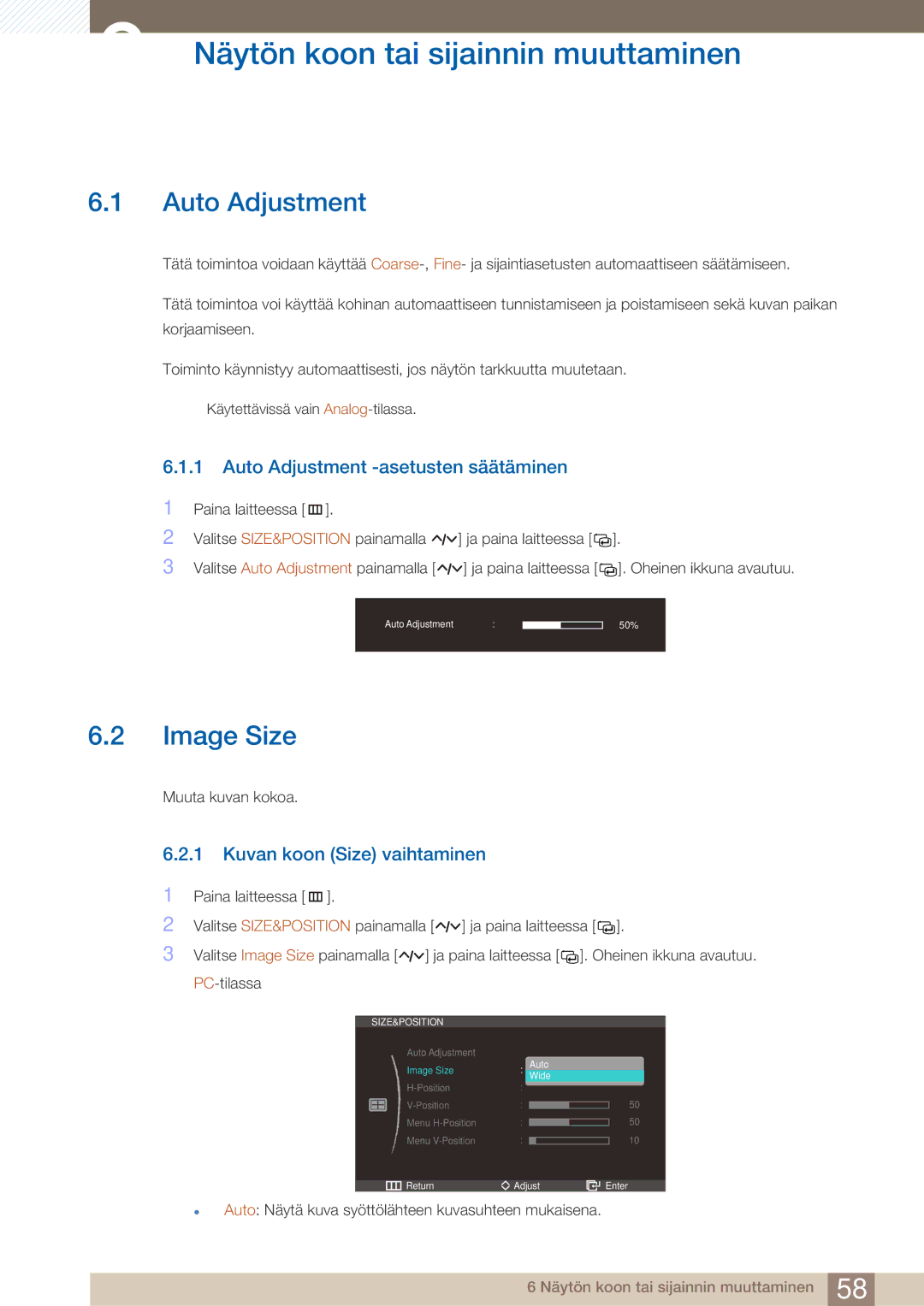 Samsung LC27A550US/EN Näytön koon tai sijainnin muuttaminen, Auto Adjustment, Image Size, Kuvan koon Size vaihtaminen 