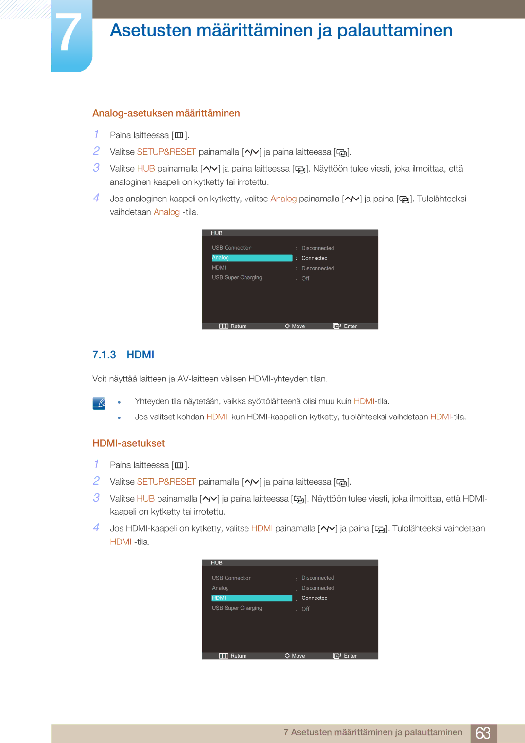 Samsung LC23A550US/EN, LC27A550US/EN manual Hdmi, Analog-asetuksen määrittäminen, HDMI-asetukset 