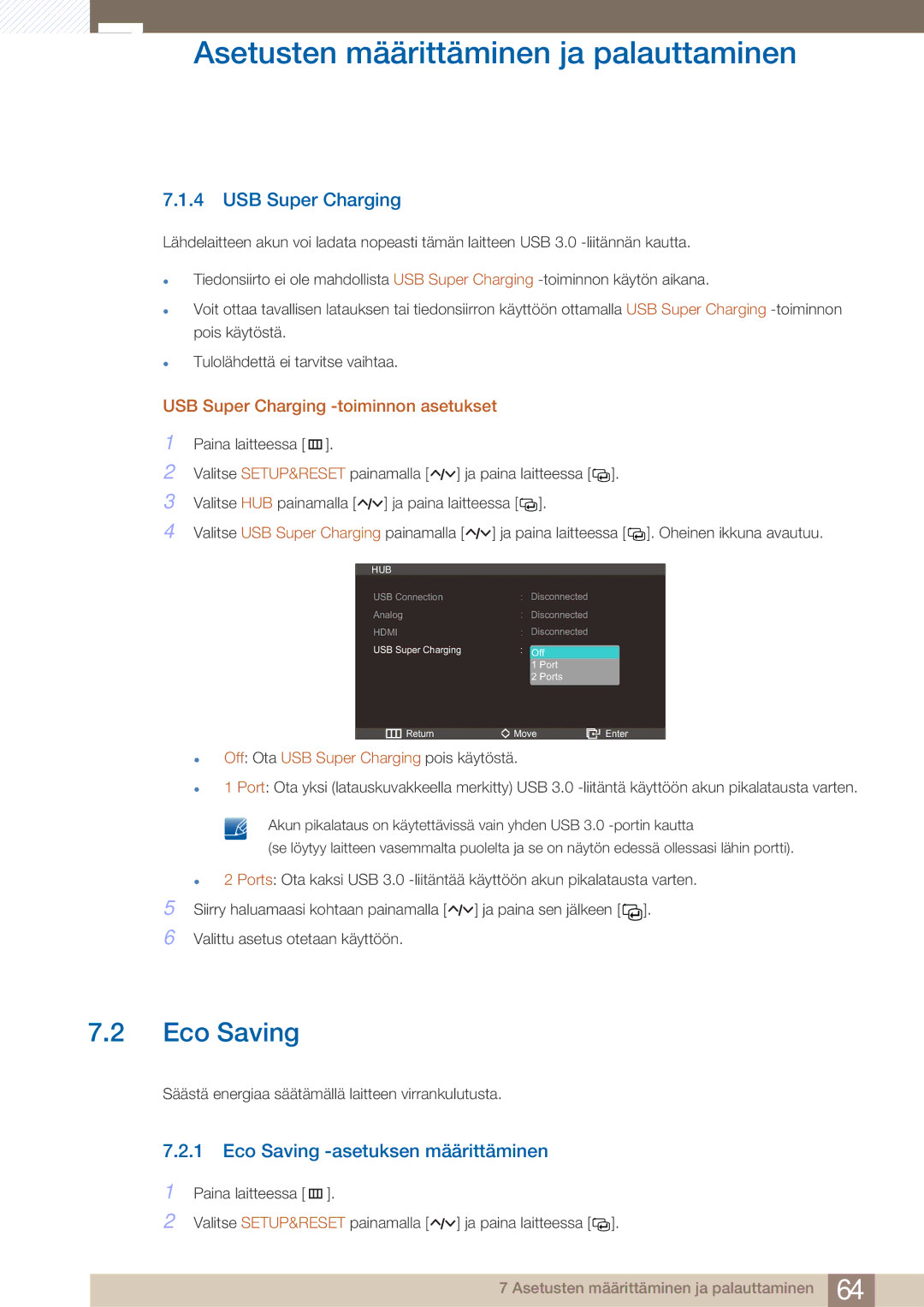 Samsung LC27A550US/EN, LC23A550US/EN Eco Saving -asetuksen määrittäminen, USB Super Charging -toiminnon asetukset 