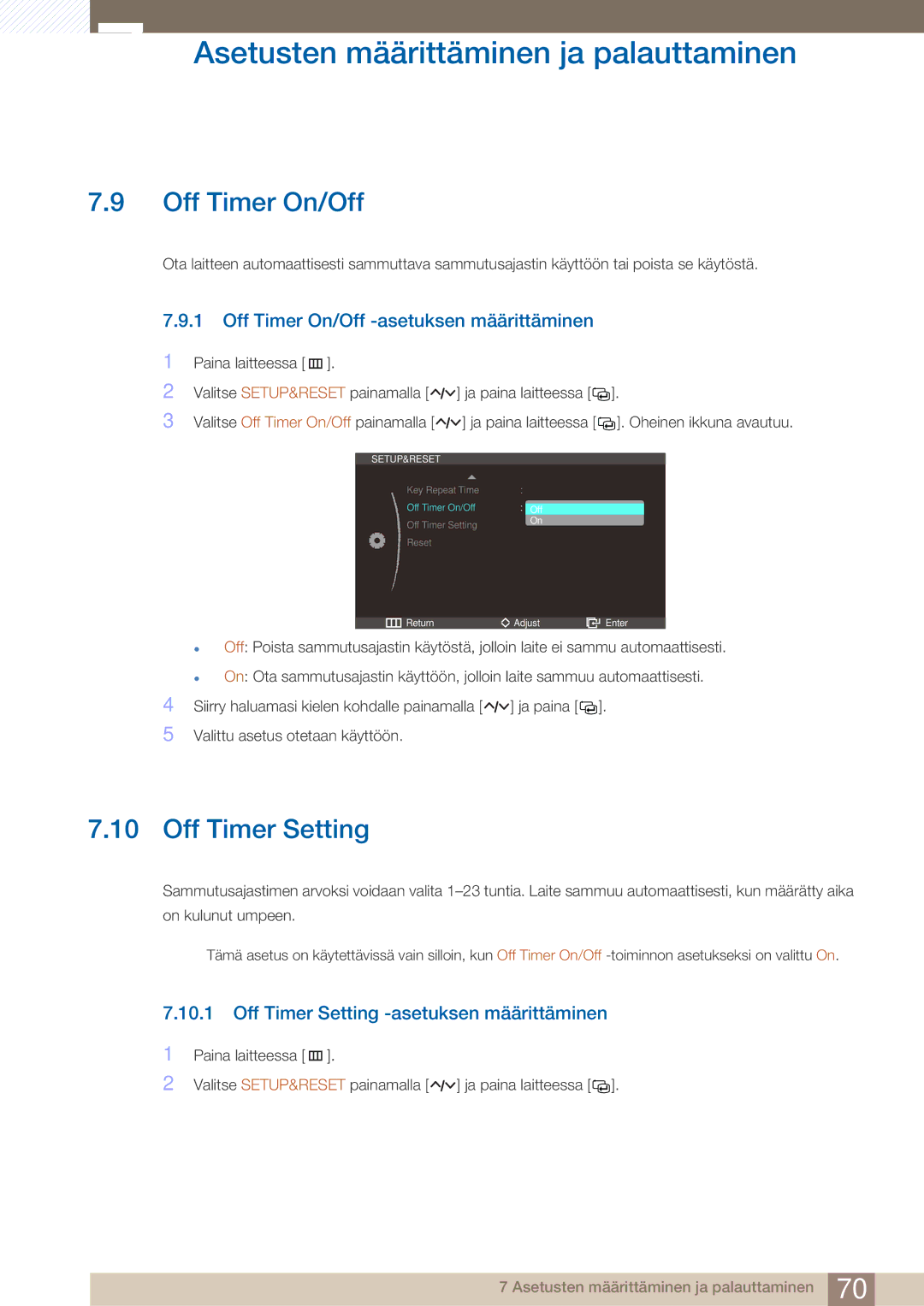 Samsung LC27A550US/EN, LC23A550US/EN manual Off Timer Setting, Off Timer On/Off -asetuksen määrittäminen 