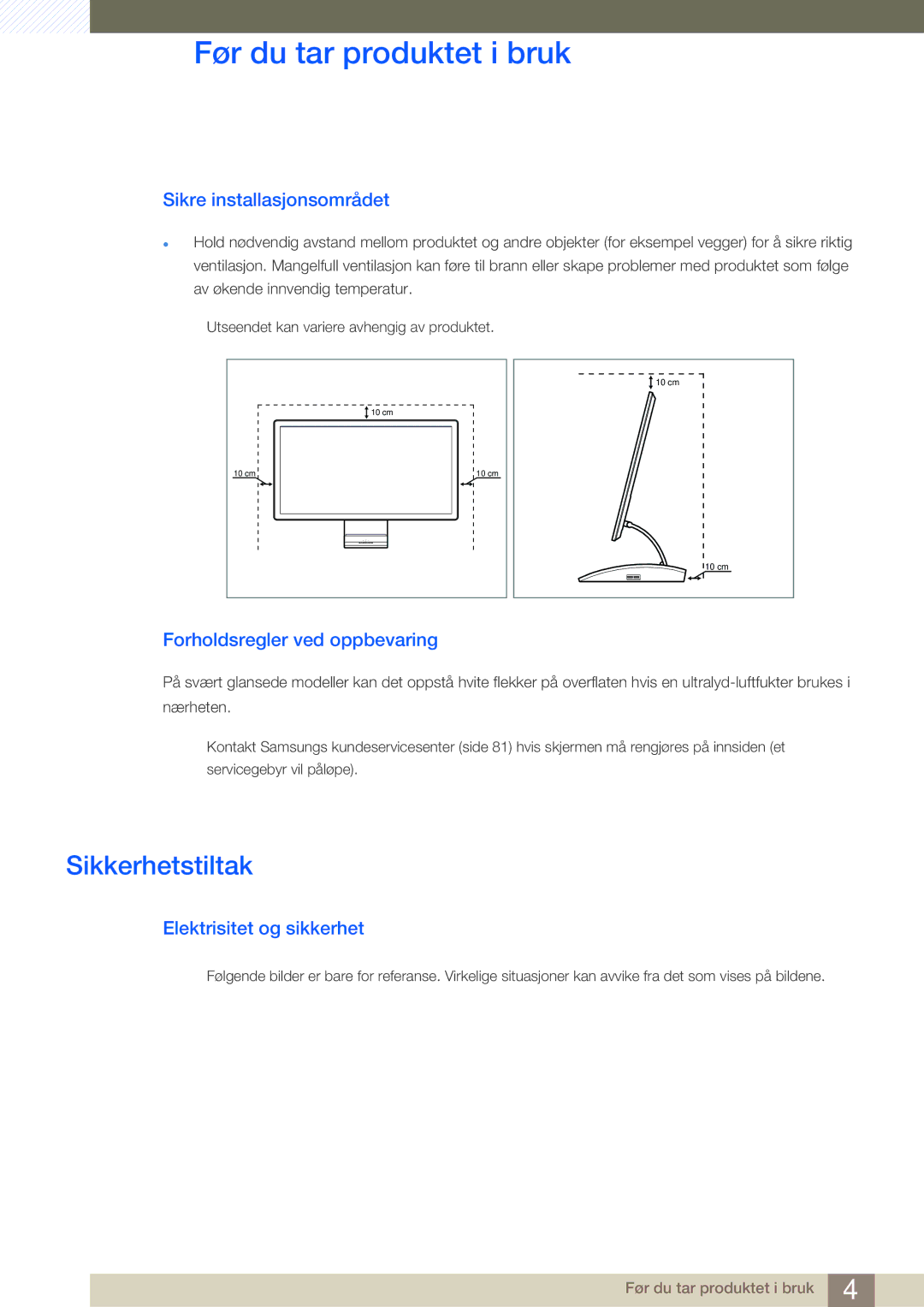 Samsung LC27A550US/EN, LC23A550US/EN manual Sikkerhetstiltak, Sikre installasjonsområdet, Forholdsregler ved oppbevaring 