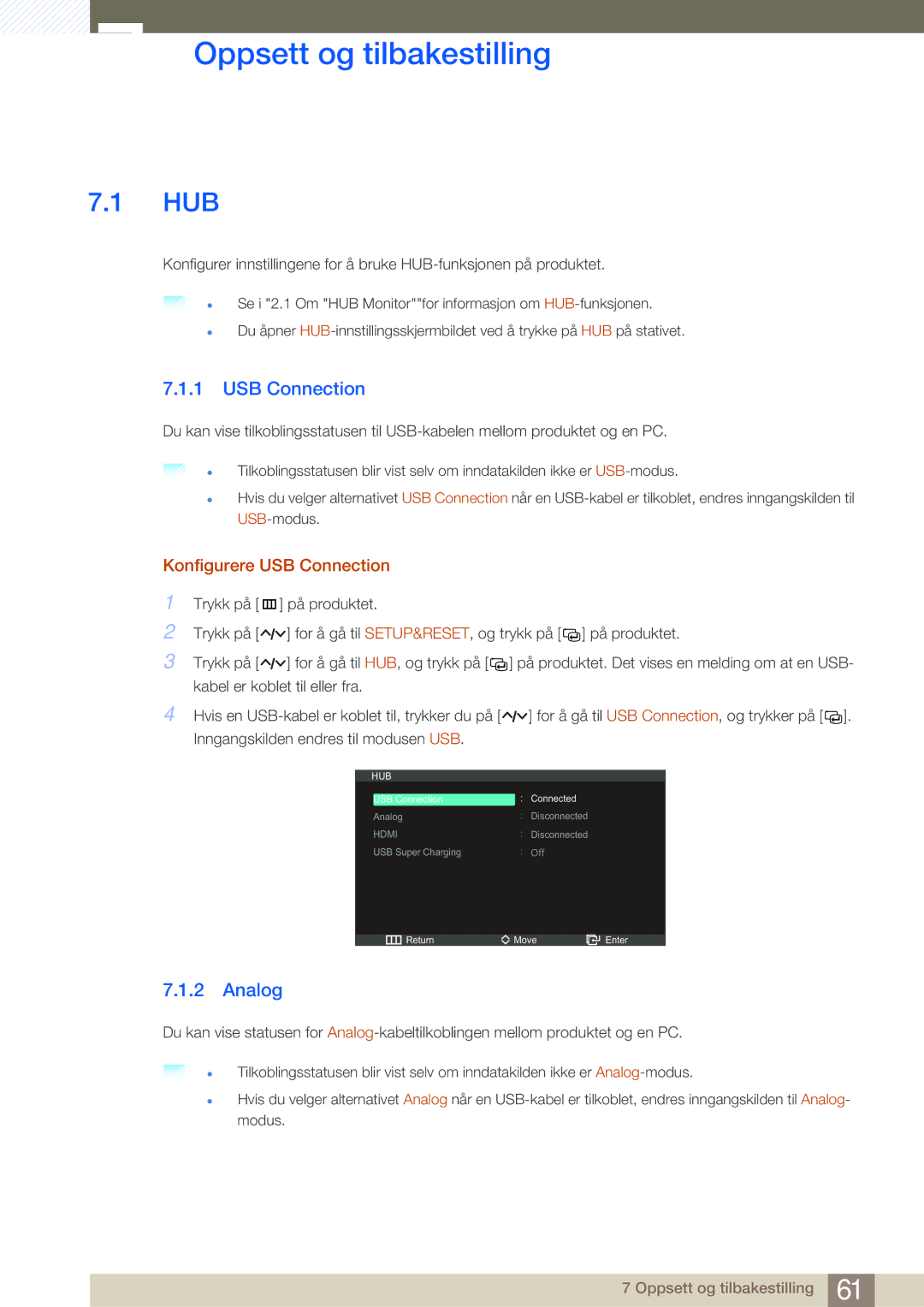 Samsung LC23A550US/EN, LC27A550US/EN manual Oppsett og tilbakestilling, Hub, Analog, Konfigurere USB Connection 