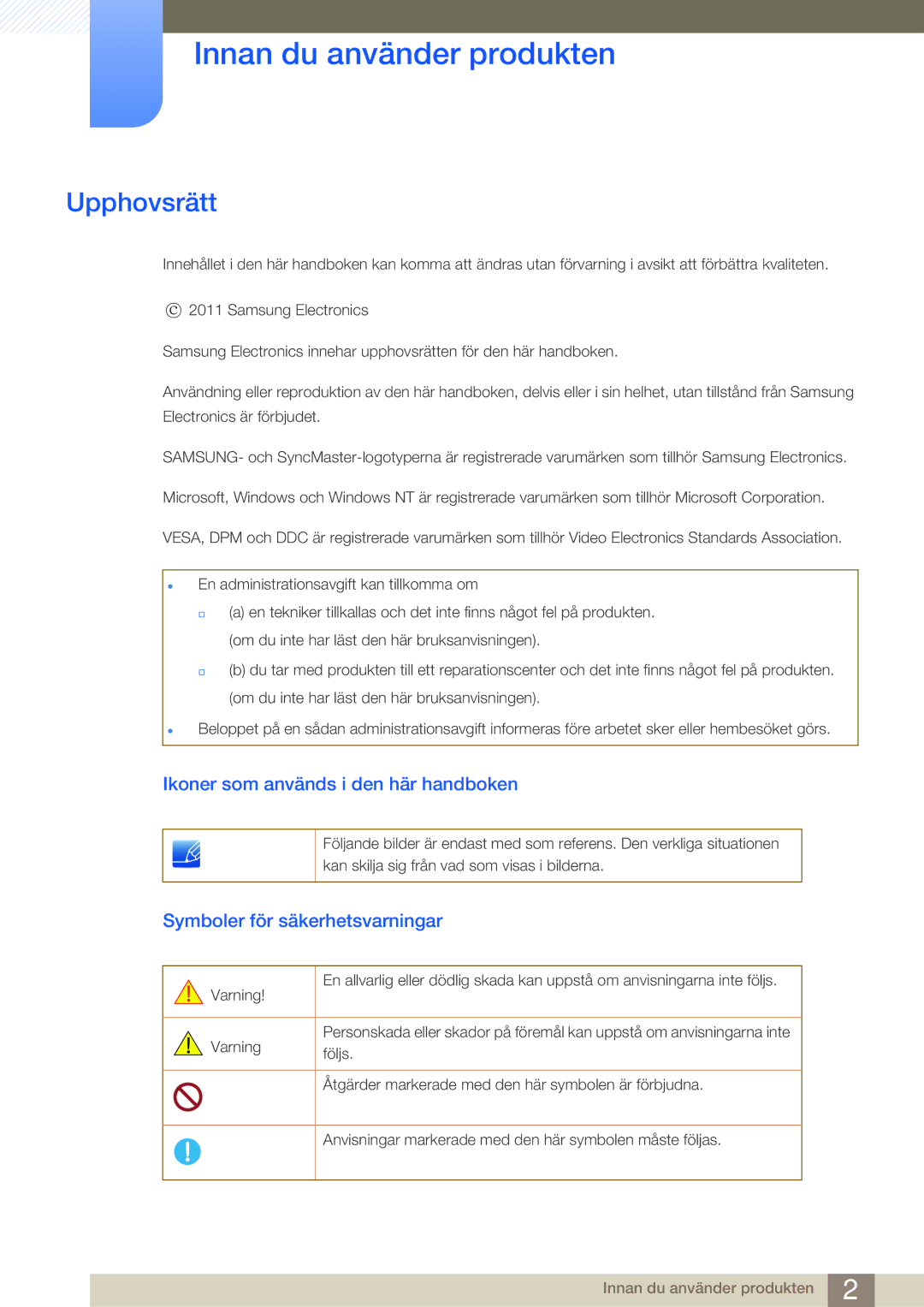 Samsung LC27A550US/EN, LC23A550US/EN manual Innan du använder produkten, Upphovsrätt, Ikoner som används i den här handboken 