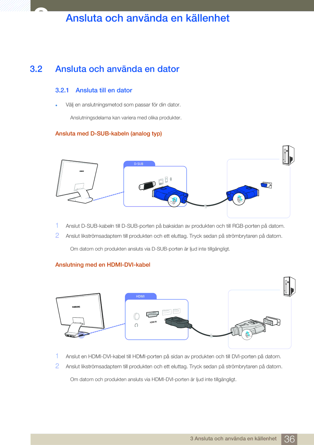 Samsung LC27A550US/EN manual Ansluta och använda en dator, Ansluta till en dator, Ansluta med D-SUB-kabeln analog typ 